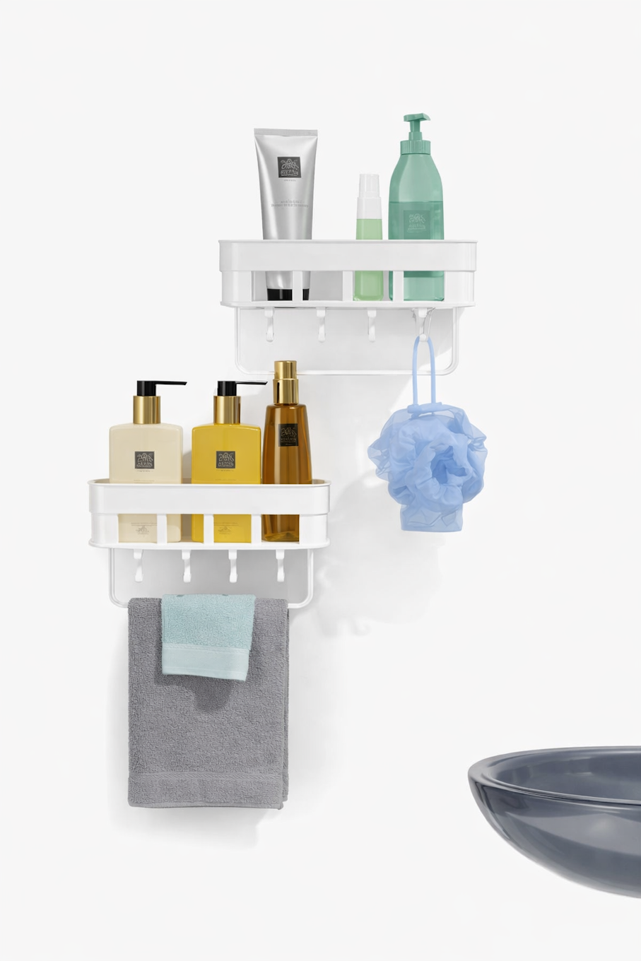 Ultramarine Nyx multi-purpose wall shelf mounted in a home office, showcasing its sleek design and ample storage space.