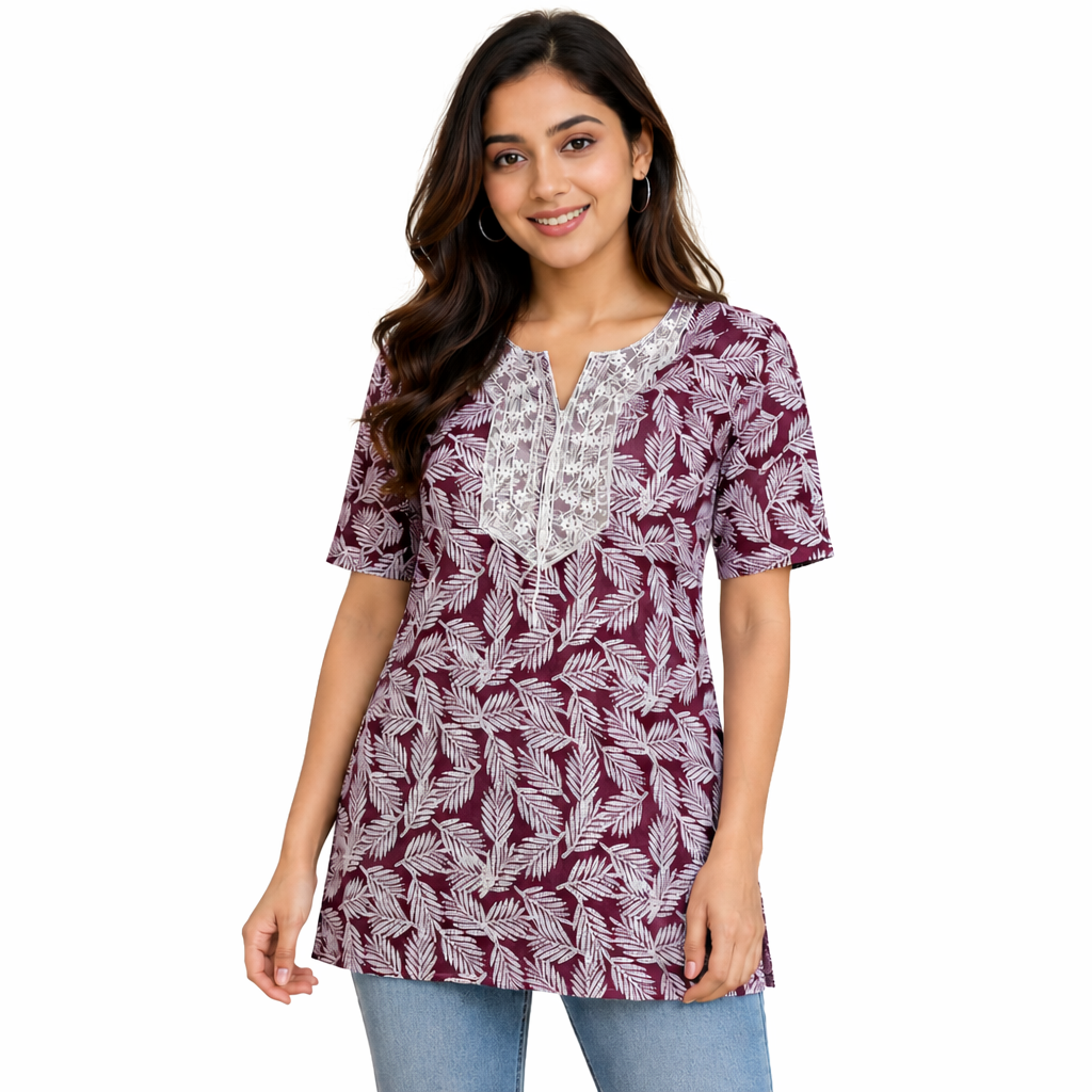 Trendy ethnic Kurti top for women by Champagne Windroot, featuring vibrant patterns and traditional design.