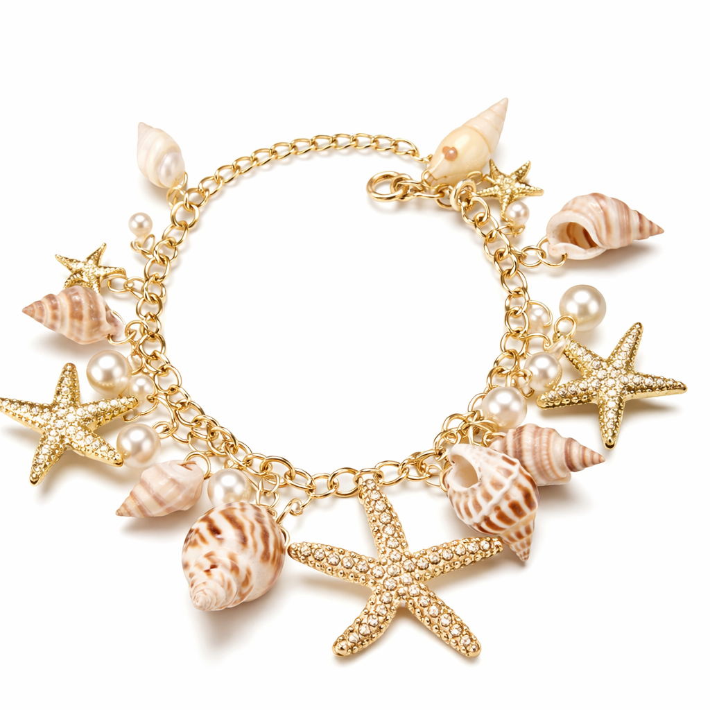 Gold Simba seashell and starfish charm bracelet for women, featuring gold jewelry with marine-inspired charms.