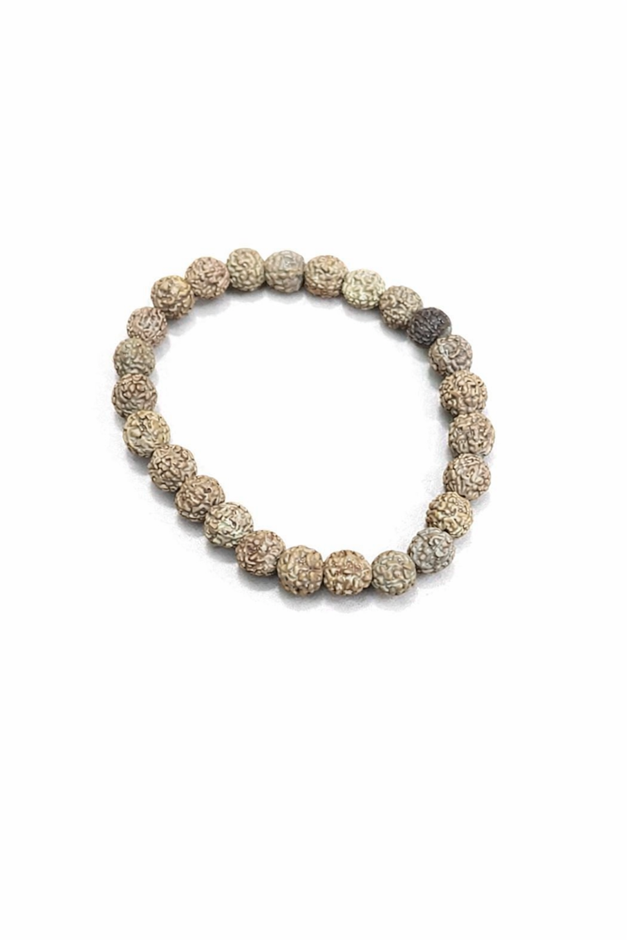Pear Smudge Rudraksha beaded stretch bracelet featuring natural brown Rudraksha beads on a flexible elastic band.
