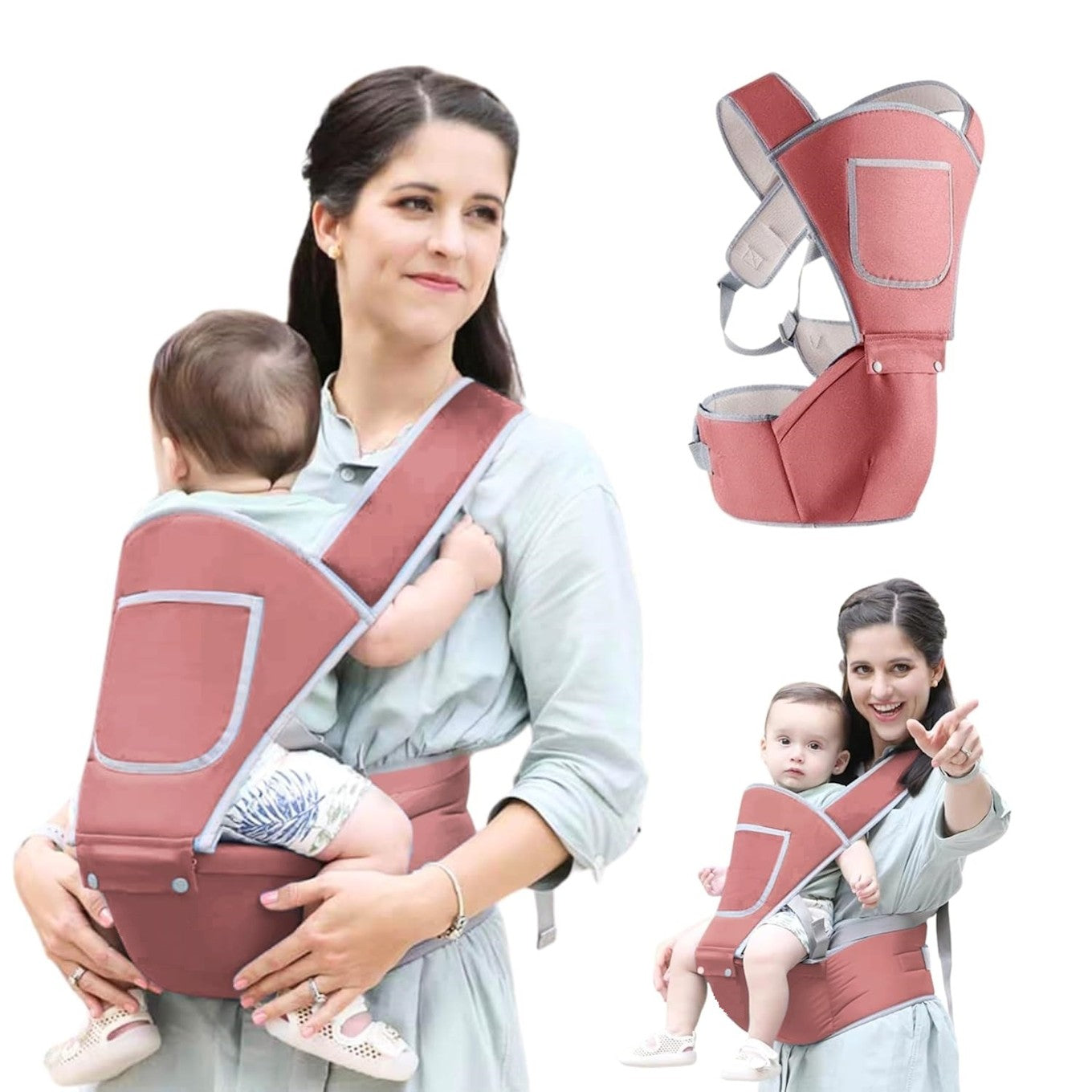 Gray Themis newborn baby carrier in peach, showing five carry positions with soft fabric and adjustable straps for kids and babies.