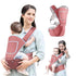 Gray Themis newborn baby carrier in peach, showing five carry positions with soft fabric and adjustable straps for kids and babies.