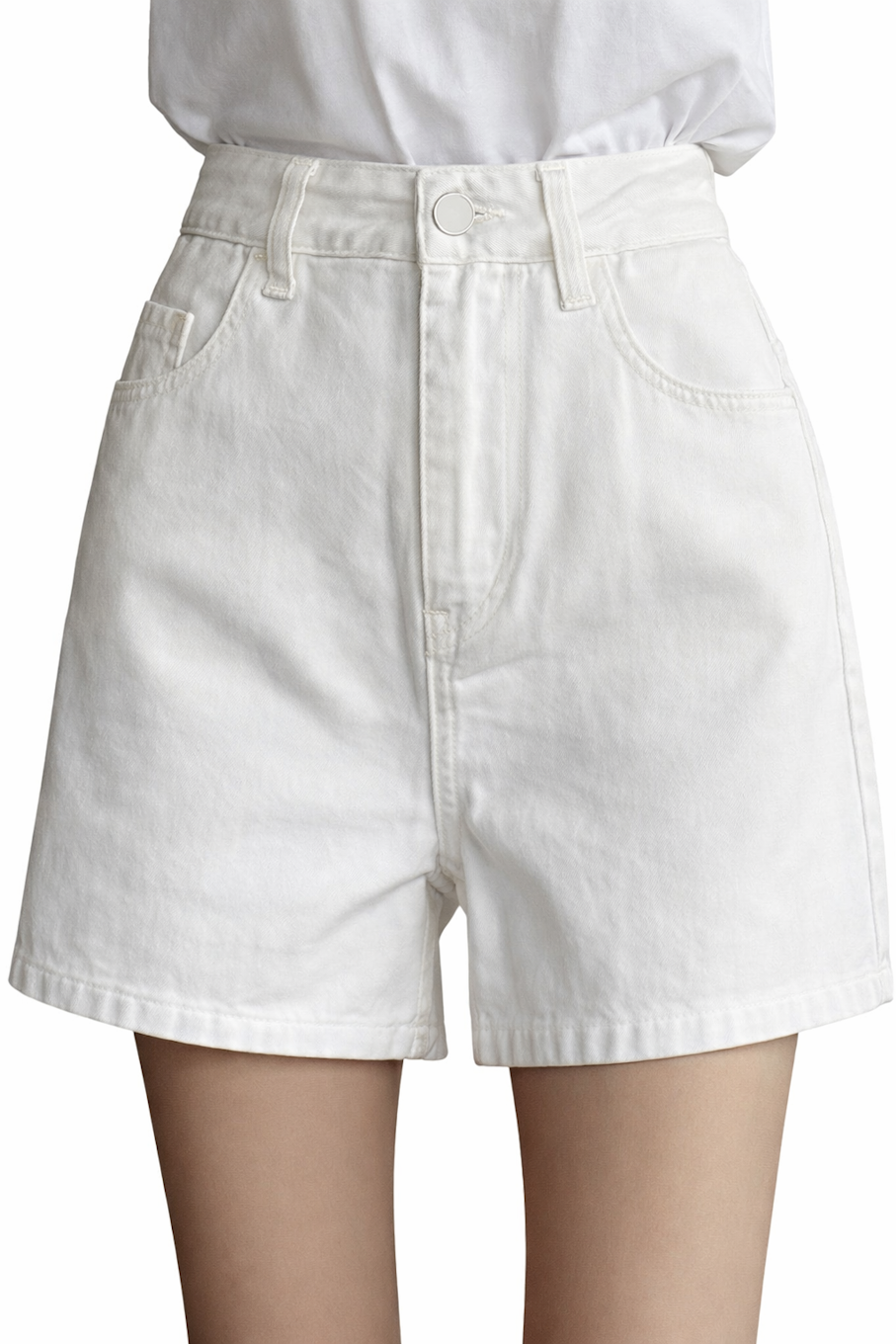 Women’s high waist shorts by Bronze Charlie, trendy fit, denim style with front pockets and rolled cuffs, casual summer clothing.