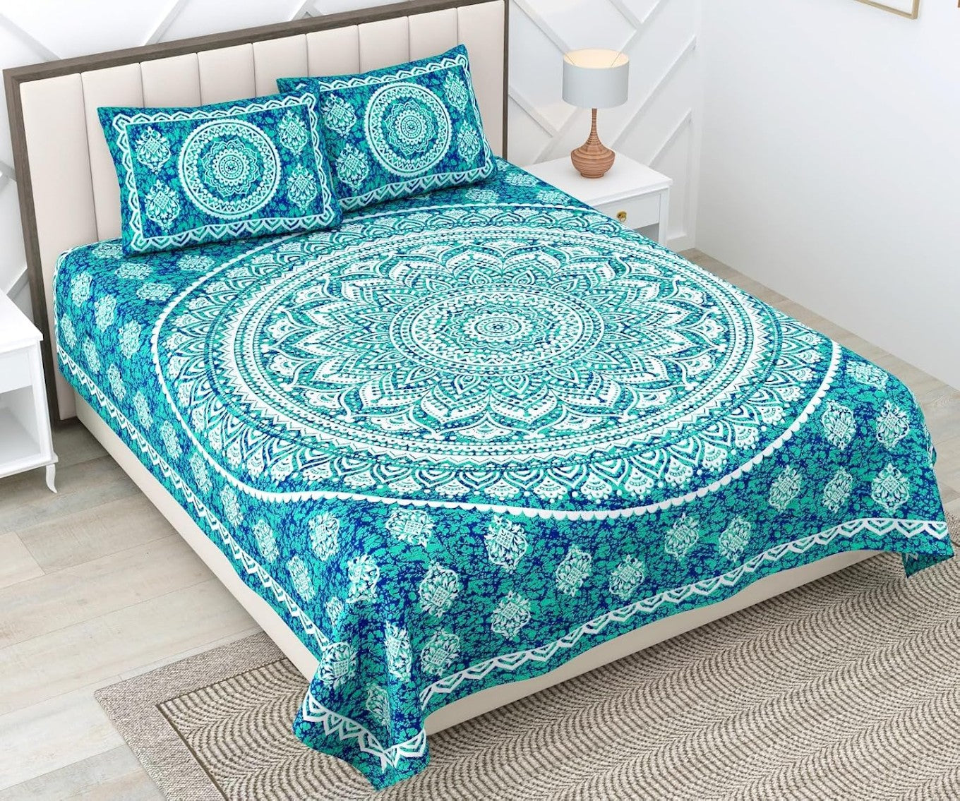 Green cotton bedsheet set with star patterns from Lilac Hercules, featuring Jaipuri-style design for home and garden use.