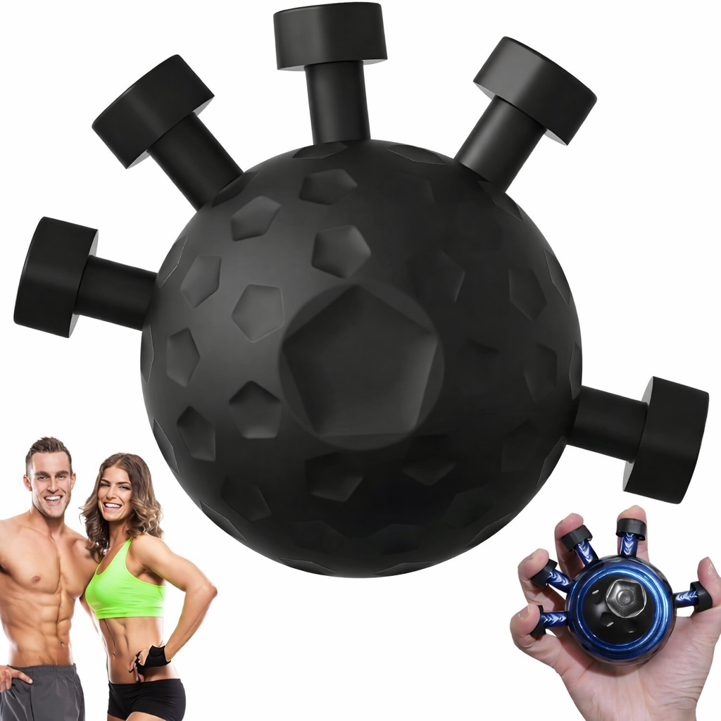 Amethyst Ophion adjustable grip strength trainer ball for fitness, showing a person squeezing the handheld exercise ball.