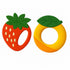 Burgundy Nyx orange strawberry teether for babies 2 months and older, made of soft, chew-safe material with vibrant fruit design.
