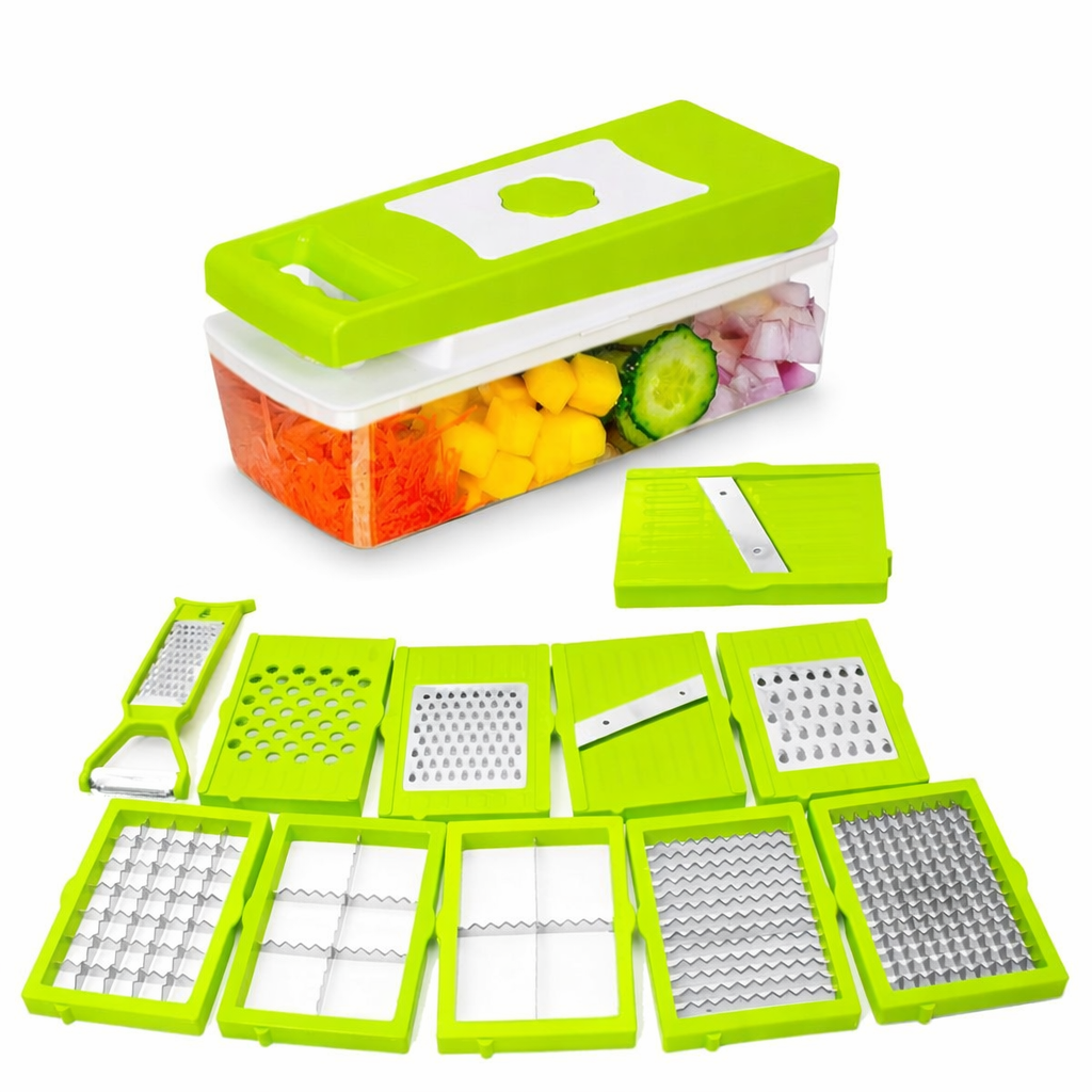 Amethyst Ophion 12-in-1 multi-blade vegetable chopper cutter with various blades for efficient home kitchen vegetable preparation