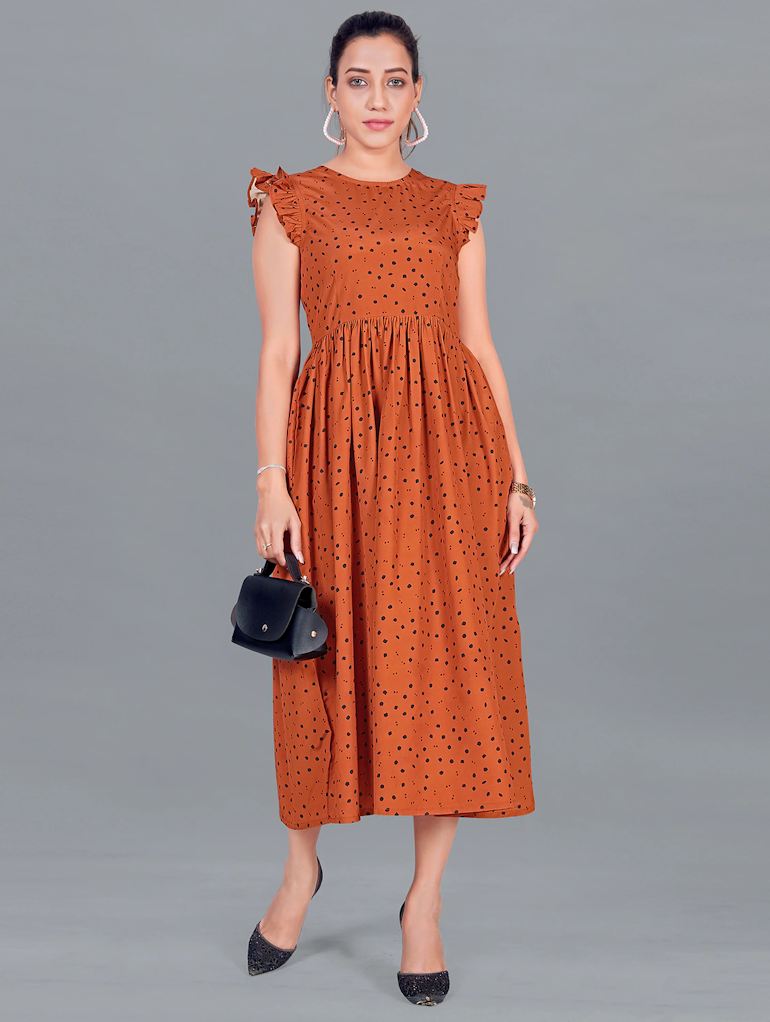 Bronze Molly brown printed A-line dress for women, size L, featuring a stylish design and casual fit.