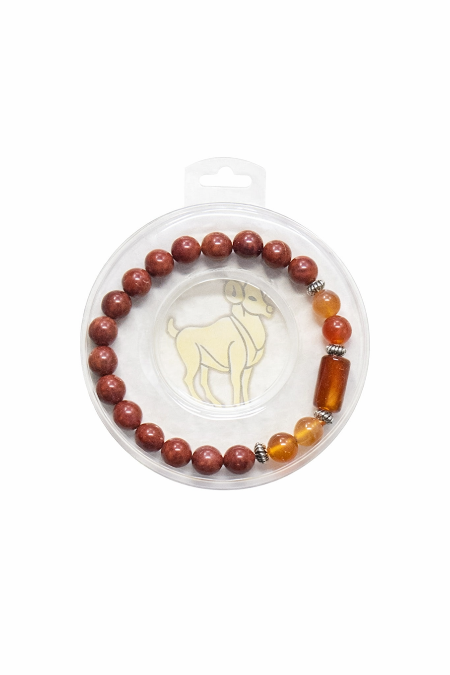 Pear Smudge Aries Zodiac gemstone beaded bracelet featuring red and gold beads, perfect for astrology jewelry enthusiasts.