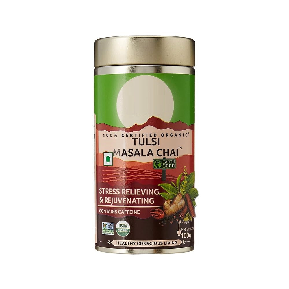 Pear Vanilla Tulsi Assam Masala Chai 100g tin, aromatic herbal tea with spiced blend, in a decorative metal container.
