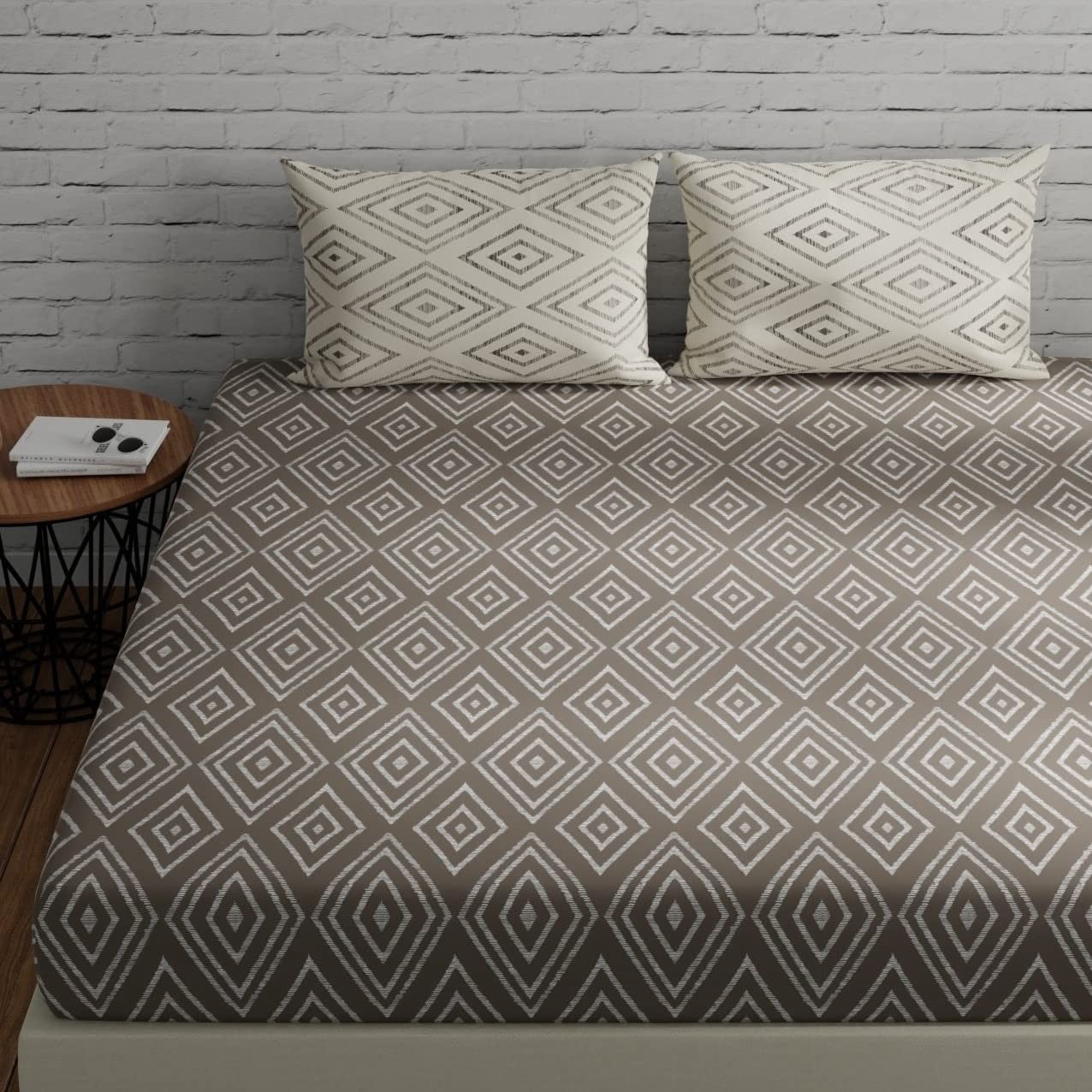 Cotton bedsheet set in taupe and white with 144 TC from Lilac Hercules, displayed in a neatly made bed.