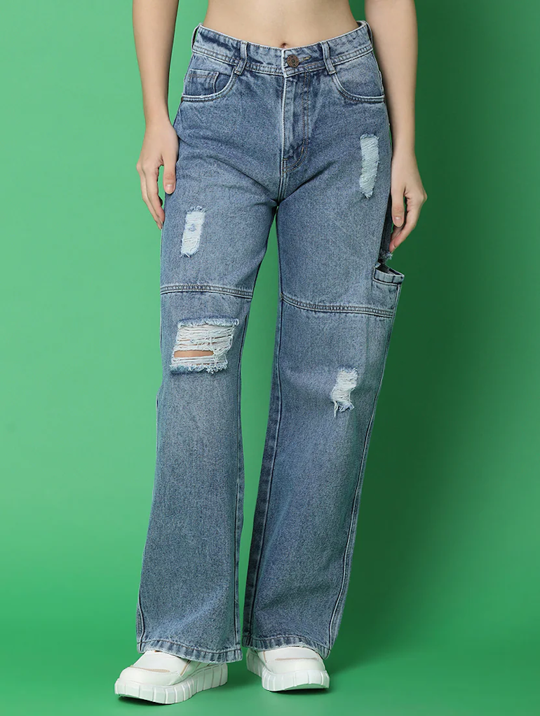 Blue high-rise denim jeans for women by Ochre Ourea, shown in size 30, with a fitted waist and classic denim texture.