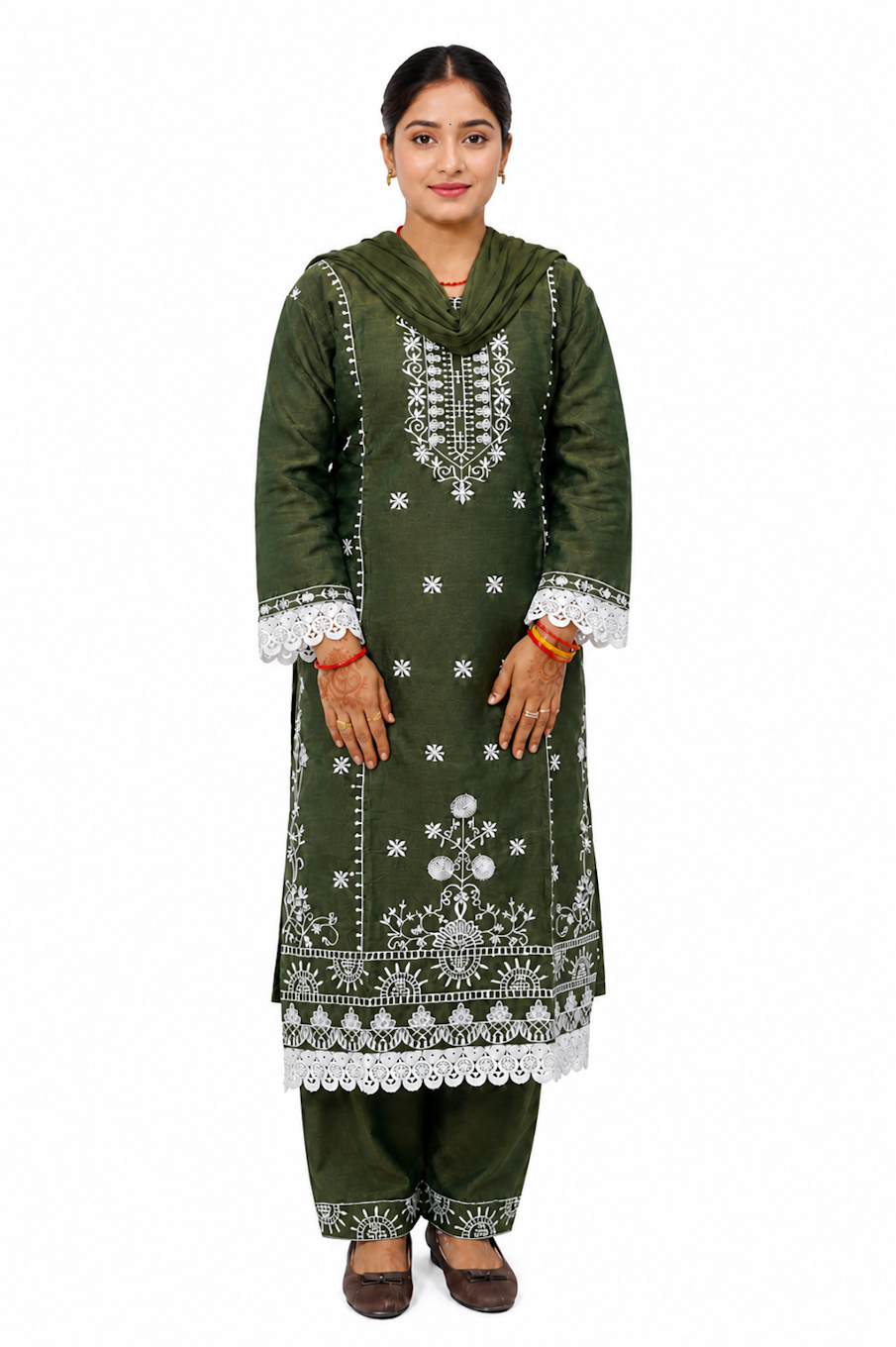 Green embroidered kurta set for women by Salmon Pandion, featuring intricate traditional embroidery and matching bottom.
