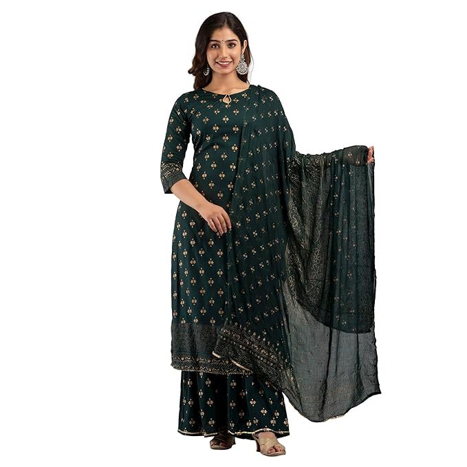 Green rayon straight kurta with gold print, paired with sharara and matching dupatta from Olive Huckleberry women&