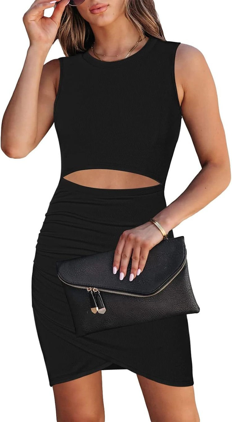 Chocolate Themis women’s ribbed bodycon mini dress with crew neckline, fitted style, and trendy design.
