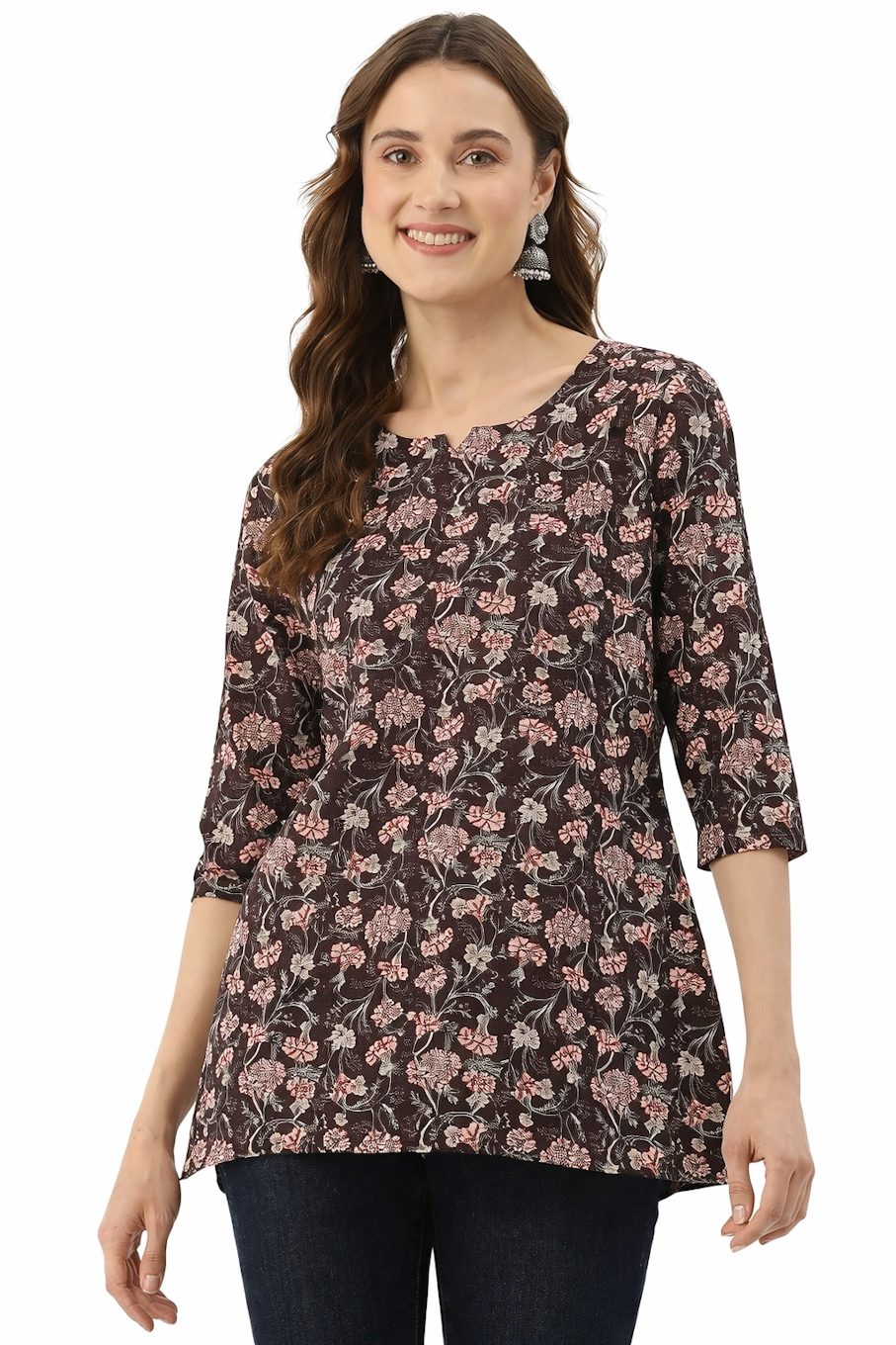 Champagne Windroot traditional short kurti top for women, featuring a vibrant, embroidered design with three-quarter sleeves and a round neckline.