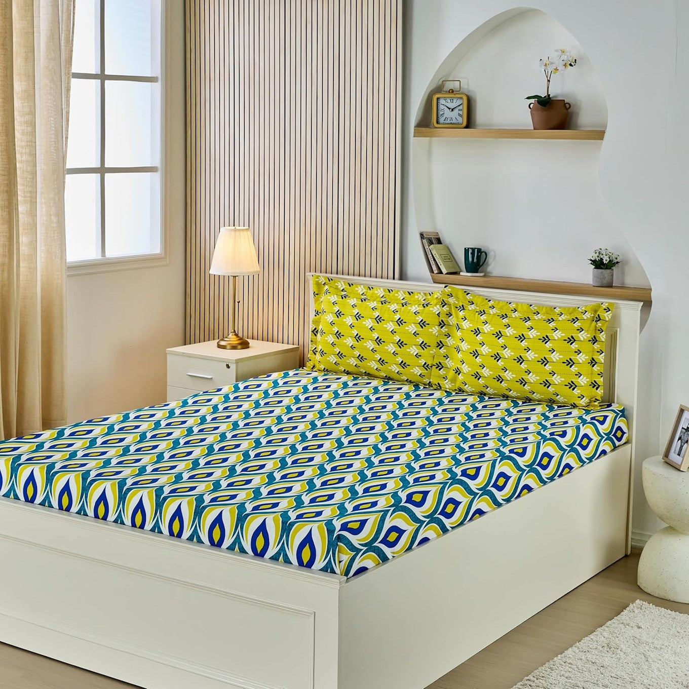 Teal cotton Peacock King bedsheet by Violet Achilles with intricate peacock feather design, perfect for elegant bedroom decor.