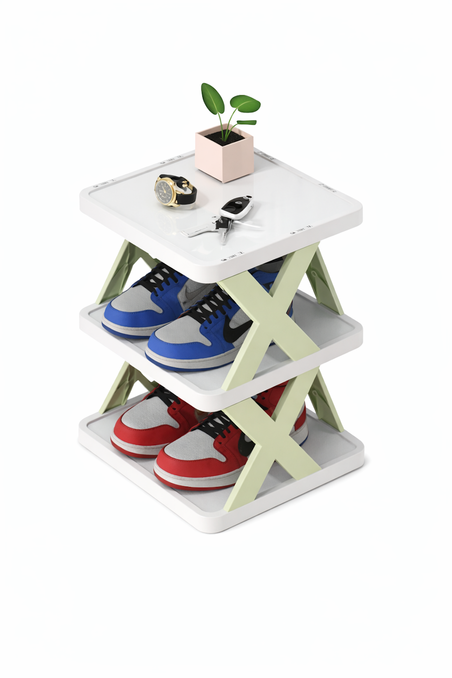 Violet Cassandra 3-tier shoe rack organizer with a top shelf, made of metal and wood, holding multiple pairs of shoes in a home entryway.