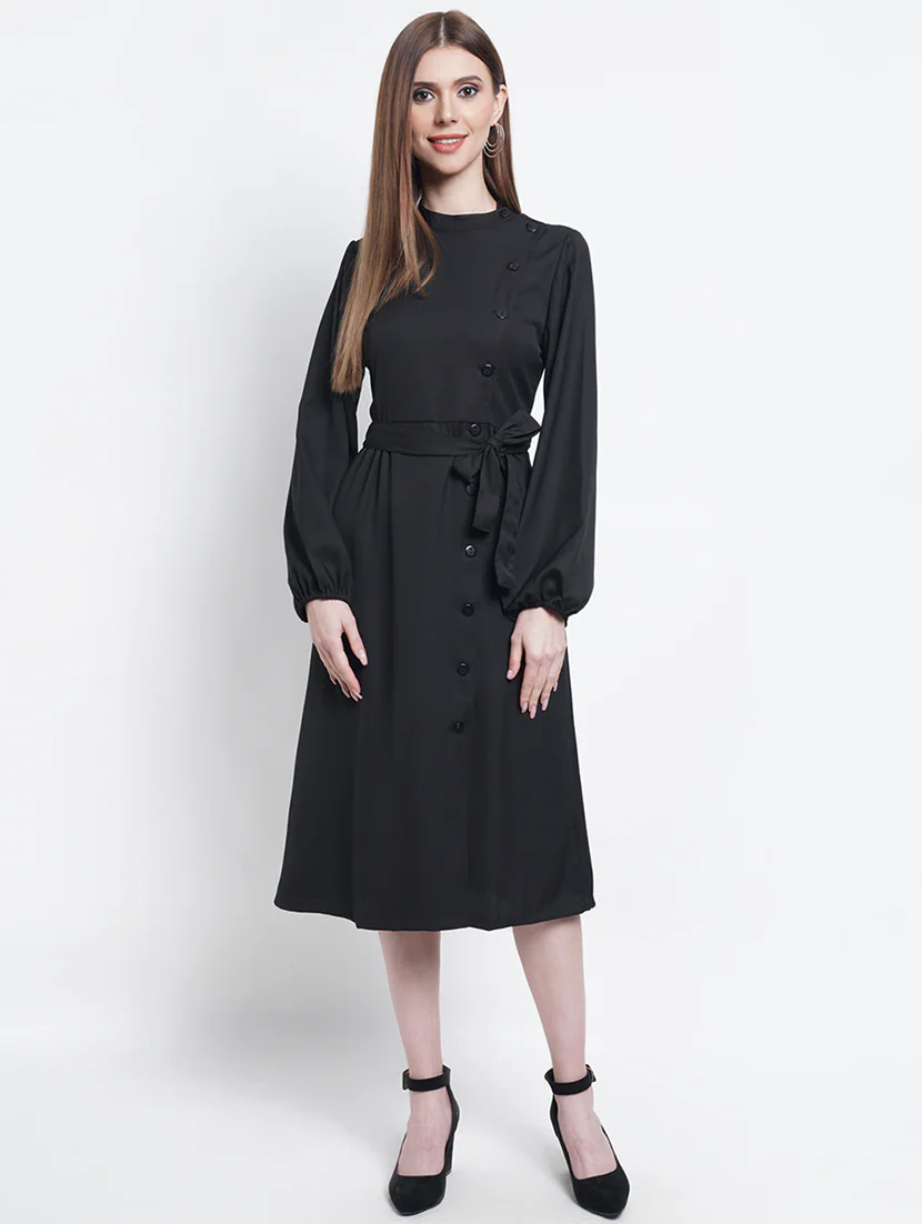 Black tie front solid fit and flare dress for women by Pear Summer Lilac, size small, featuring a stylish front tie detail.