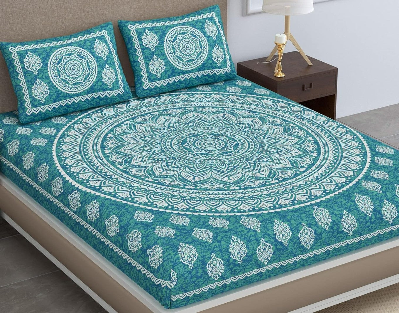 Green Jaipuri Mandala cotton bedsheet with intricate patterns, from Violet Achilles, perfect for a vibrant bedroom decor.