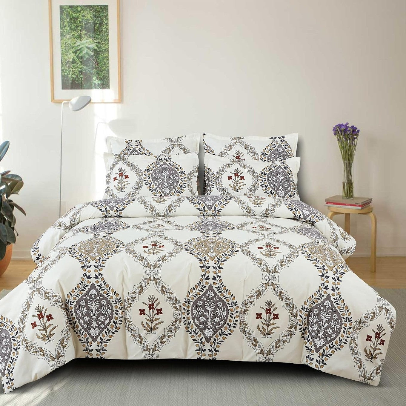 Lilac Hercules Glace Cotton Fitted Bedsheet Pearl Set on a bed, showcasing soft white cotton fabric and fitted design for home bedding.