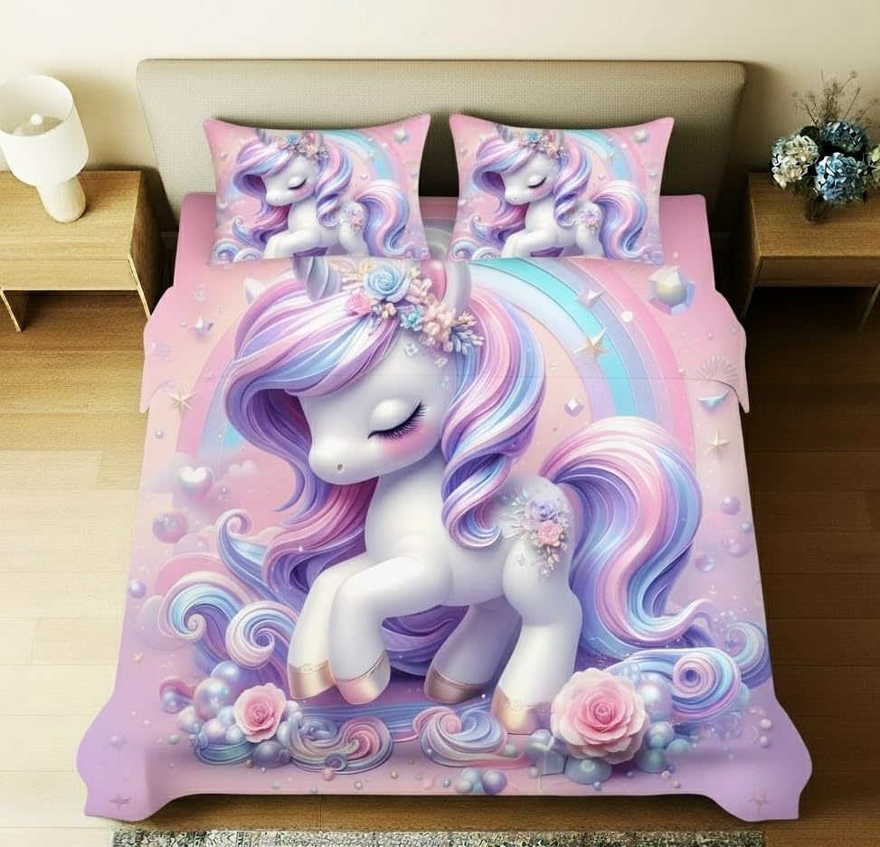 Unicorn printed bedsheet rainbow set by Lilac Hercules, featuring colorful unicorn and rainbow design for a cozy home bedroom.