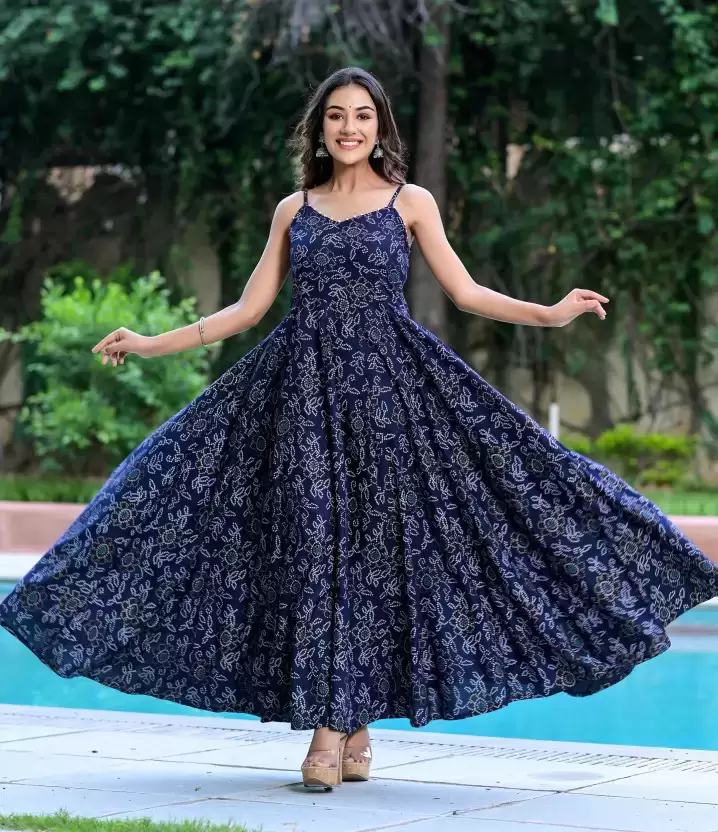 Women’s blue printed viscose rayon ethnic dress from Chocolate Poseidon, size L, with intricate patterns and traditional design.