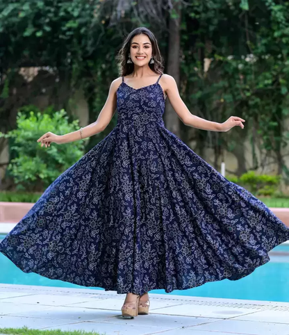 Women’s blue printed viscose rayon ethnic dress from Chocolate Poseidon, size L, with intricate patterns and traditional design.
