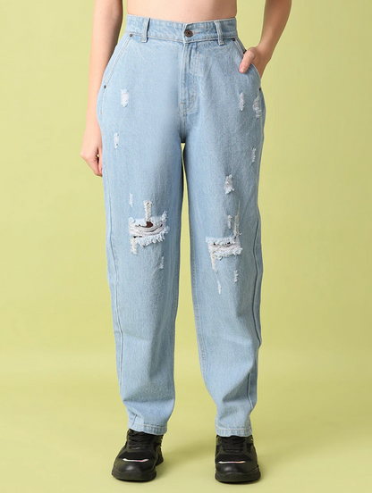 Women’s light blue high rise denim jeans by Ochre Ourea, size 28, shown on a model with a casual fit and classic denim style.