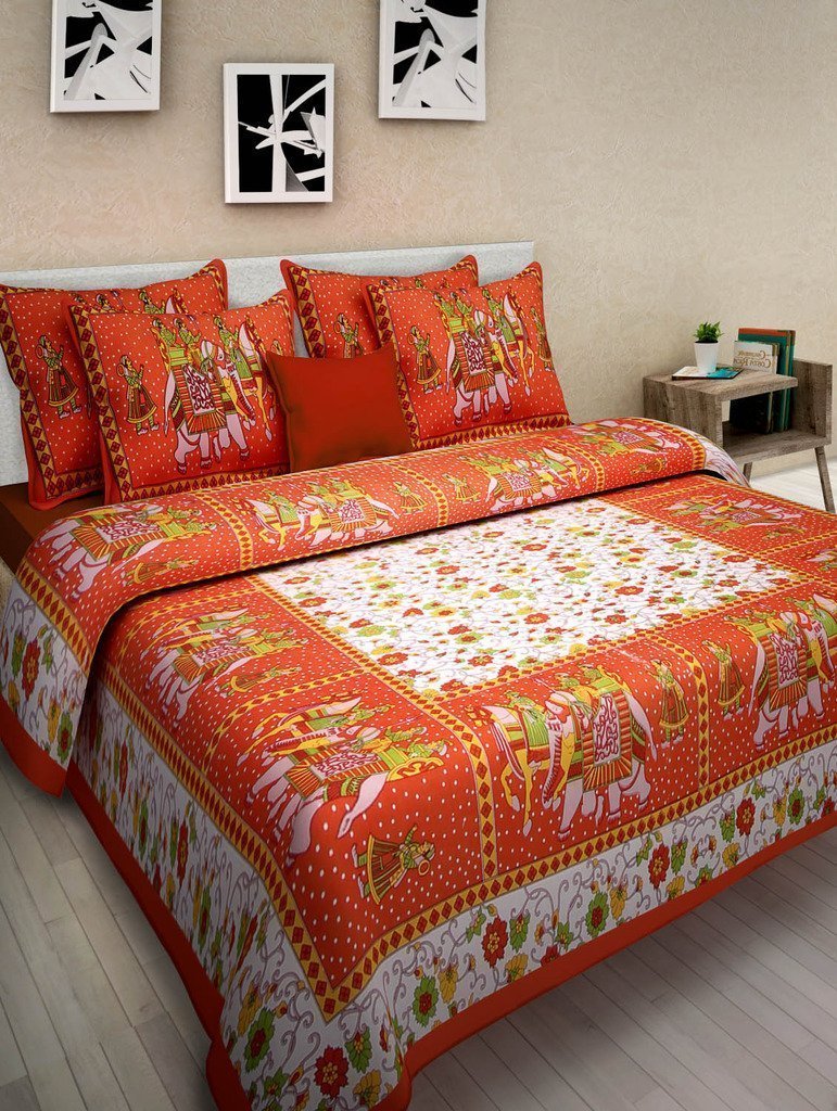 Traditional Jaipuri Cotton King Bedsheet by Lilac Hercules with vibrant, intricate Indian block print design for home decor.