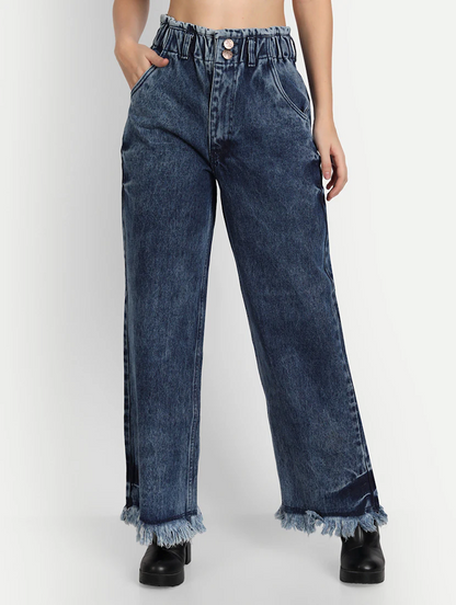 Women’s high-rise blue denim jeans by Ochre Ourea, size 32, showing front view with classic fit and styled pockets.