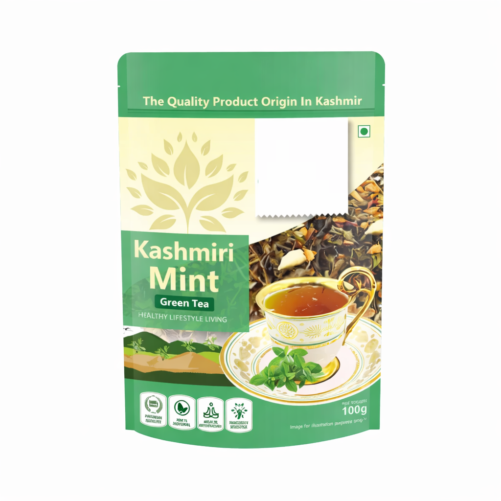 Kashmiri Mint Green Tea by Crimson Eurynome in a clear glass cup, showcasing vibrant green tea and fresh mint leaves.