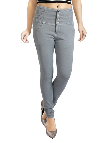Women’s cotton high rise denim jeans in colorgrey by Ochre Ourea, front view showing fit and classic five-pocket style.