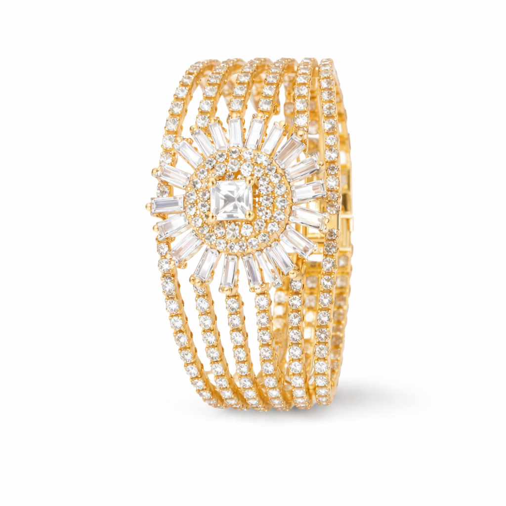 Elegant multi-layered crystal statement bracelet by Jade Iphigenia with sparkling crystals and silver-tone metal links for women.