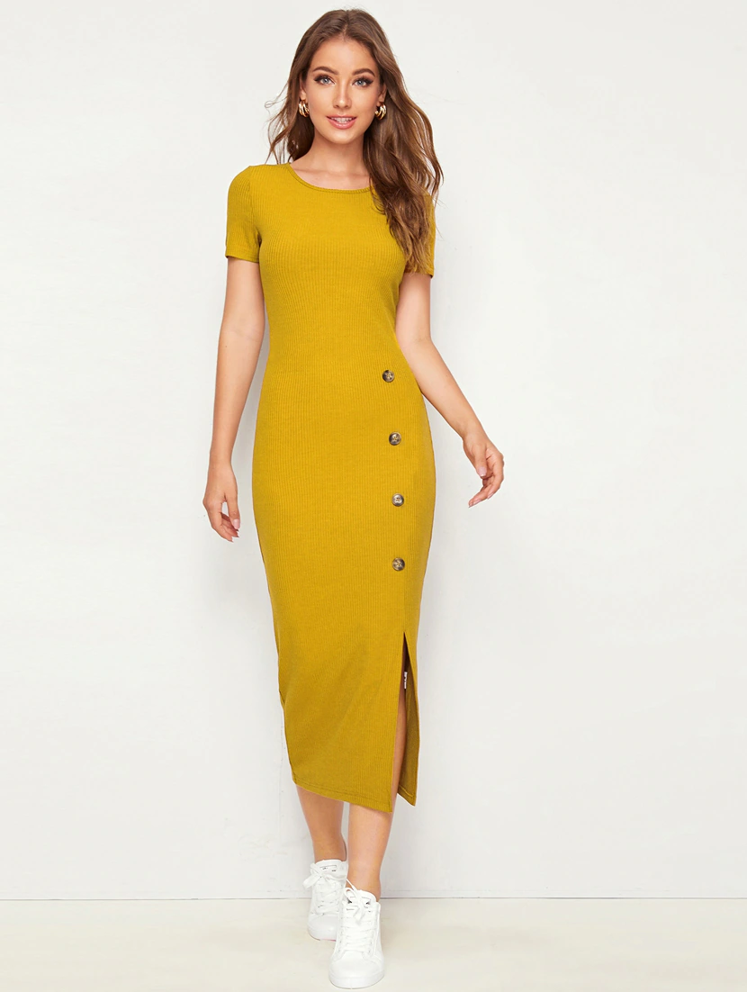 Women’s mustard solid bodycon dress by Pear Summer Lilac, size small, made from stretchy fabric, form-fitting stylish dress.