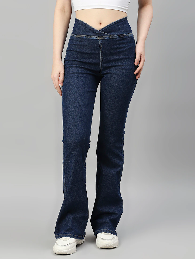 Women’s high rise navy blue denim jeans by Ochre Ourea, front view showing fit and classic five-pocket design.