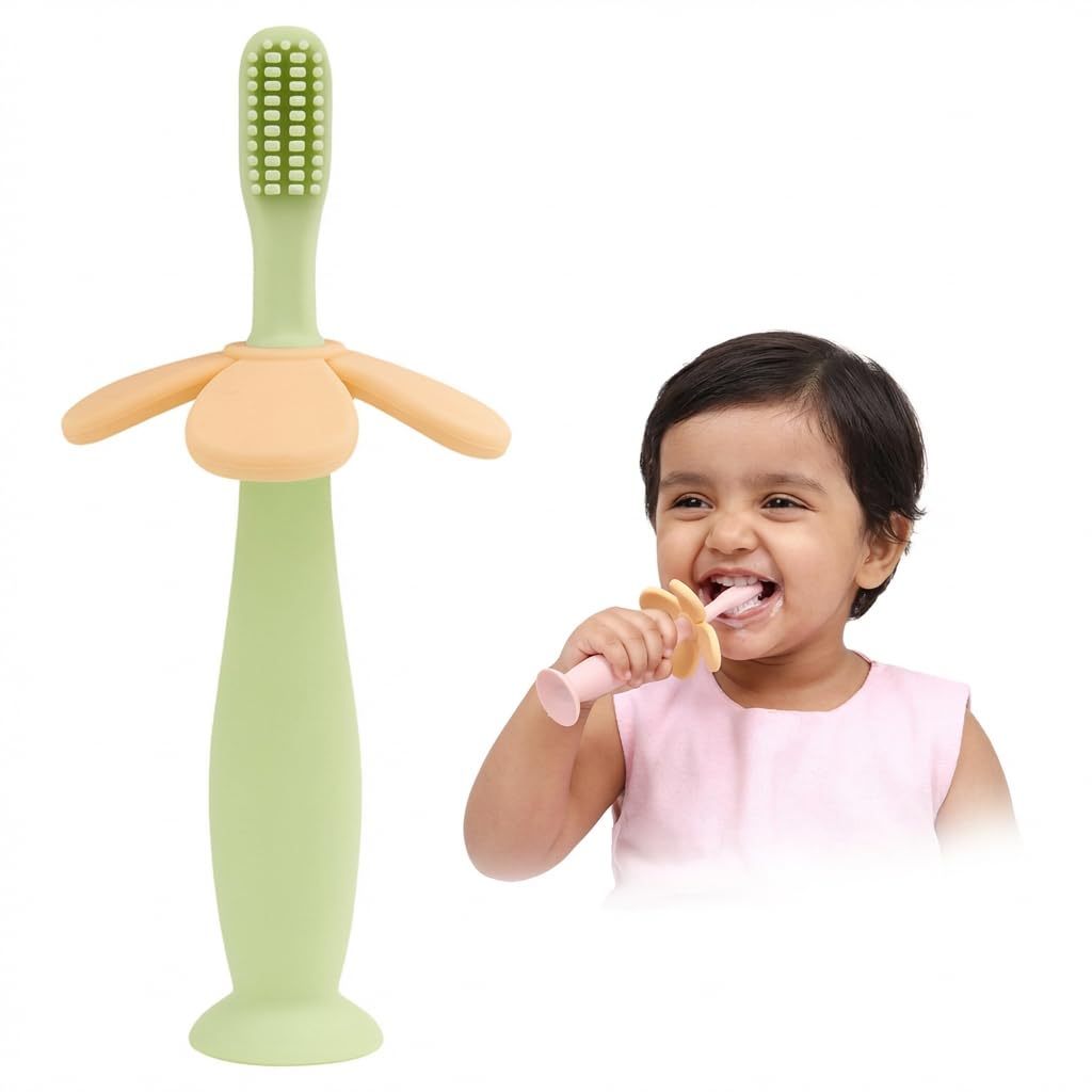 Soft silicone baby teether toothbrush from Coffee Eos, designed for gentle soothing and oral hygiene for infants.