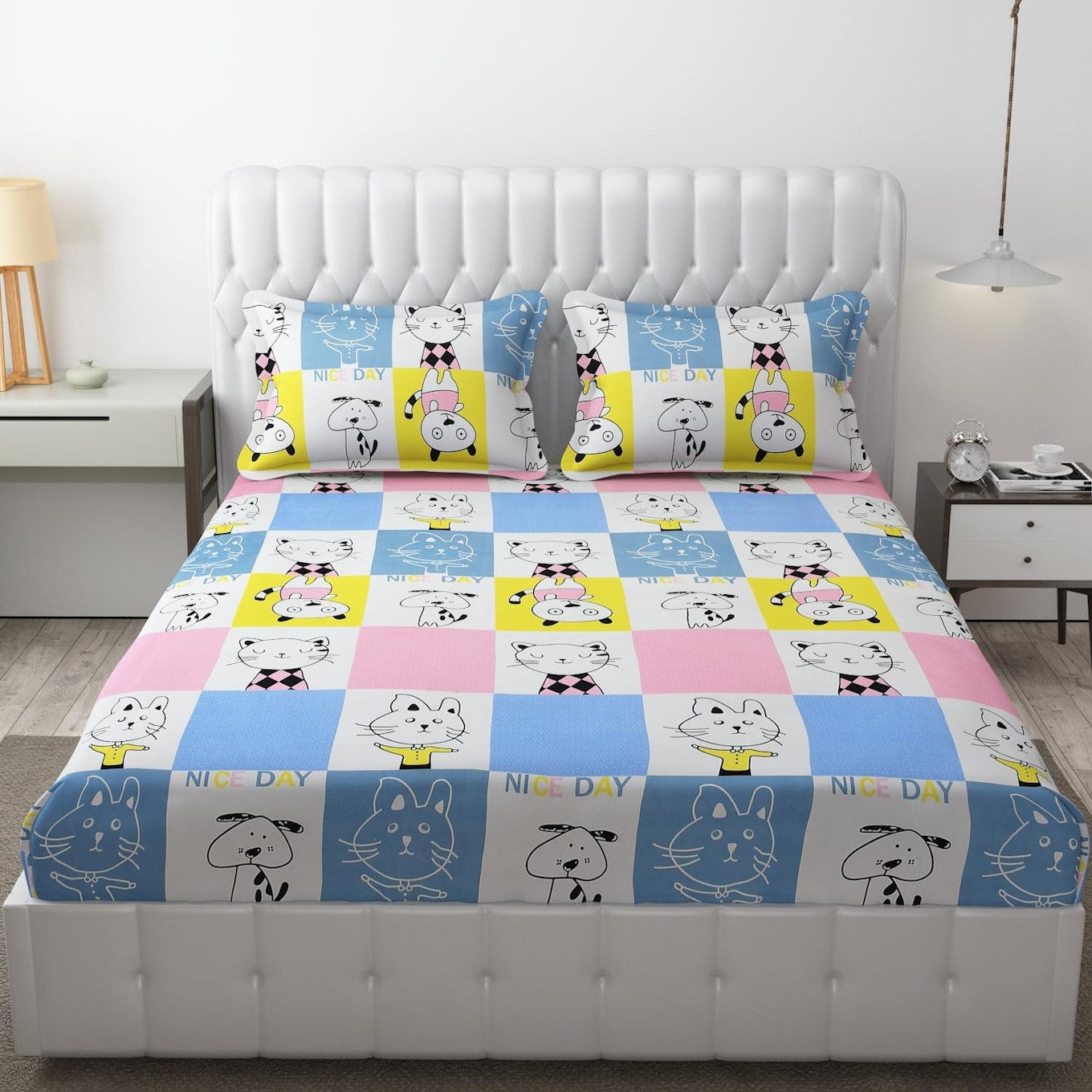 Kids cat print bedsheet in yellow and blue, featuring playful feline designs, from Violet Achilles for children&