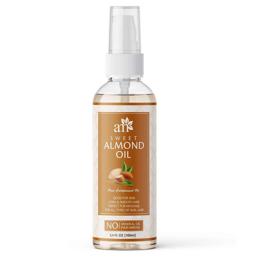 Coral Amphitryon 100% pure cold-pressed sweet almond oil for massage, skin, and under-eye care, displayed in a glass bottle.