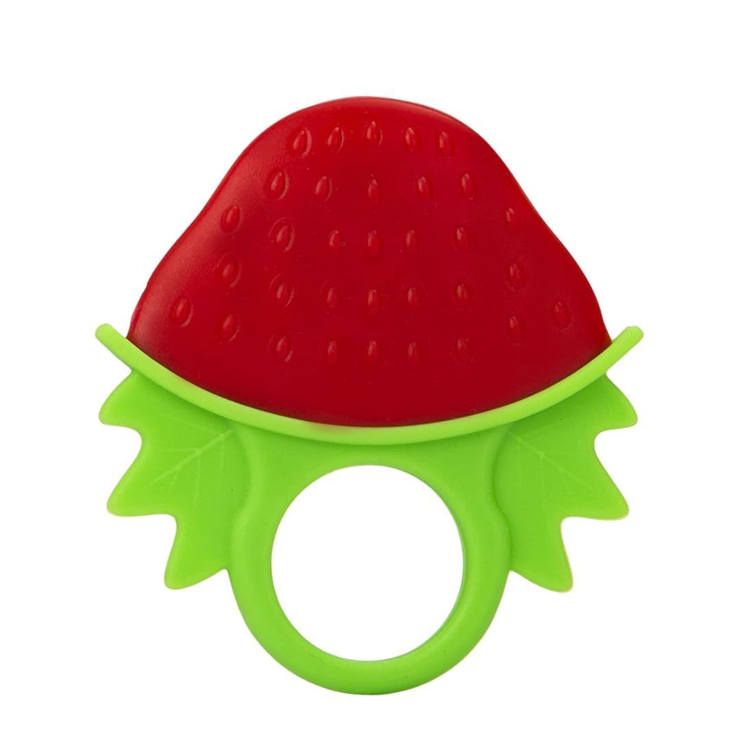 Coffee Eos strawberry silicone baby teether with textured surface, designed for soothing gums and safe for bath and beauty use.