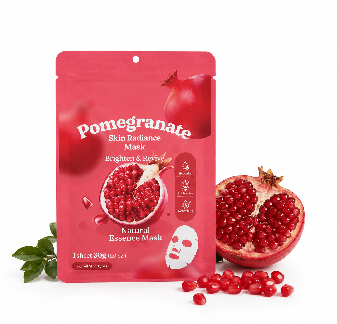 Coral Alder Pomegranate Skin Radiance Face Mask Sheet for Bath &amp; Beauty, showing the sheet mask with pomegranate extract design.