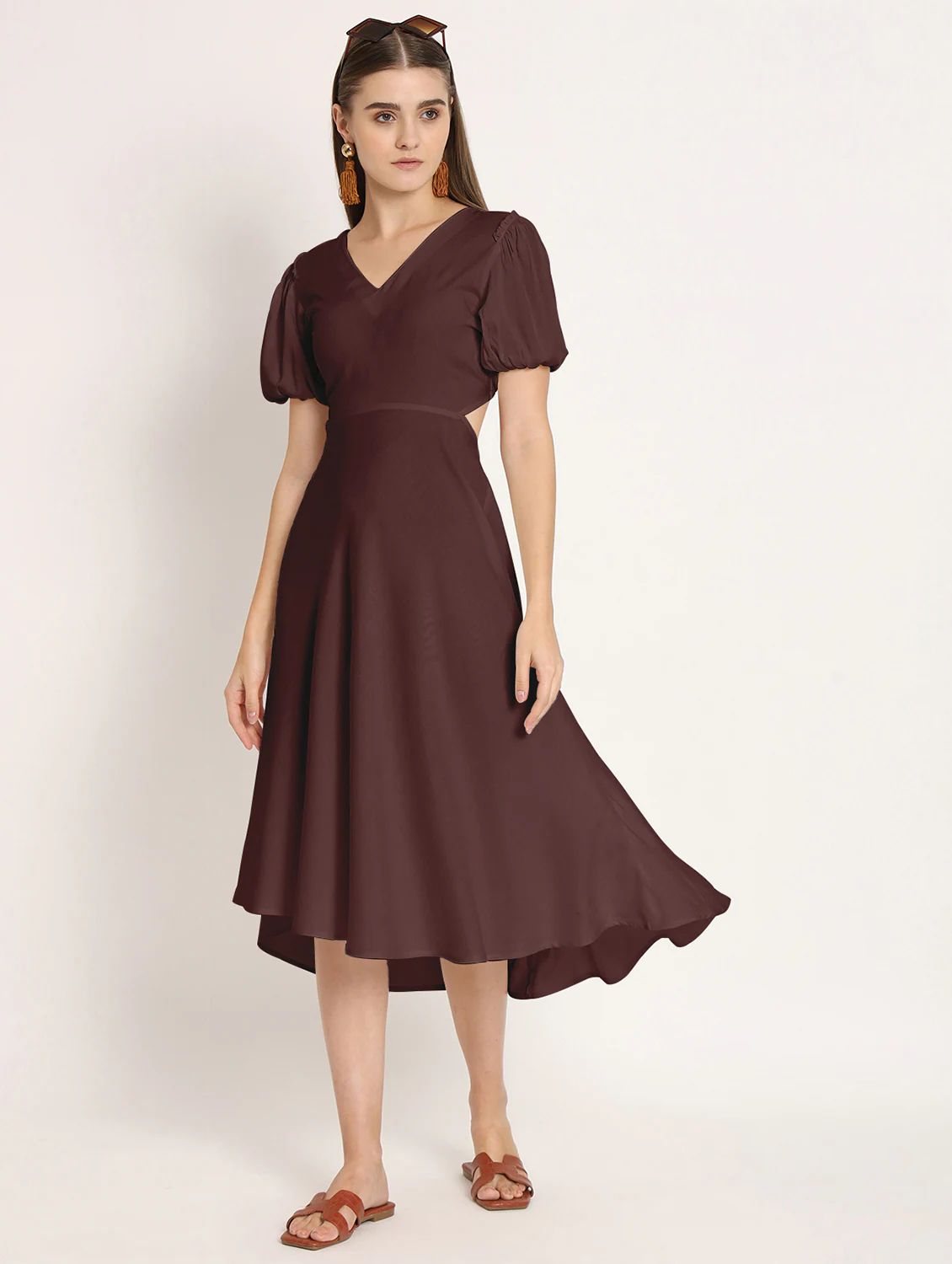 Brown solid puff sleeves high-low dress for women by Pear Summer Lilac, featuring a stylish high-low hem and puff sleeve design.