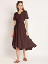 Brown solid puff sleeves high-low dress for women by Pear Summer Lilac, featuring a stylish high-low hem and puff sleeve design.