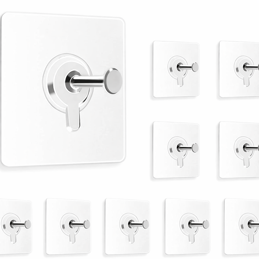 Reusable adhesive wall hooks set by Erin Hera, showcasing multiple hooks attached to a wall for versatile hanging solutions.