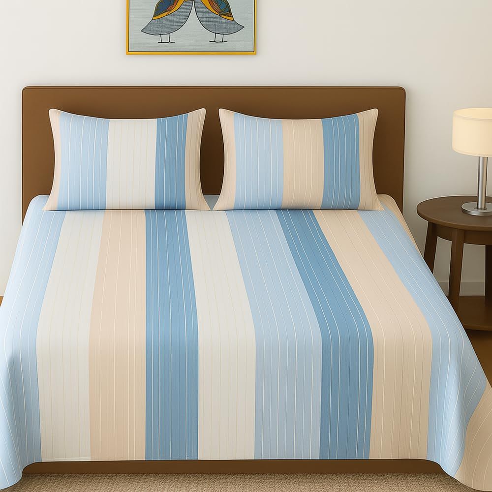 Blue striped cotton feel bedsheet set by Lilac Hercules, featuring a 90x90 inch size with a soft, comfortable texture.