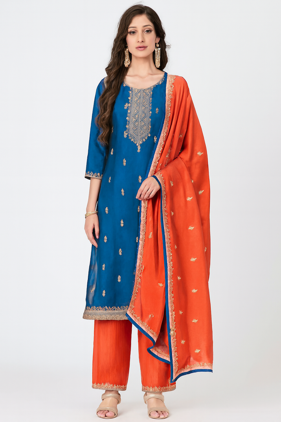 Women’s festive ethnic kurta set with matching pants by Apricot Ophion, featuring vibrant traditional embroidery and comfortable fabric.