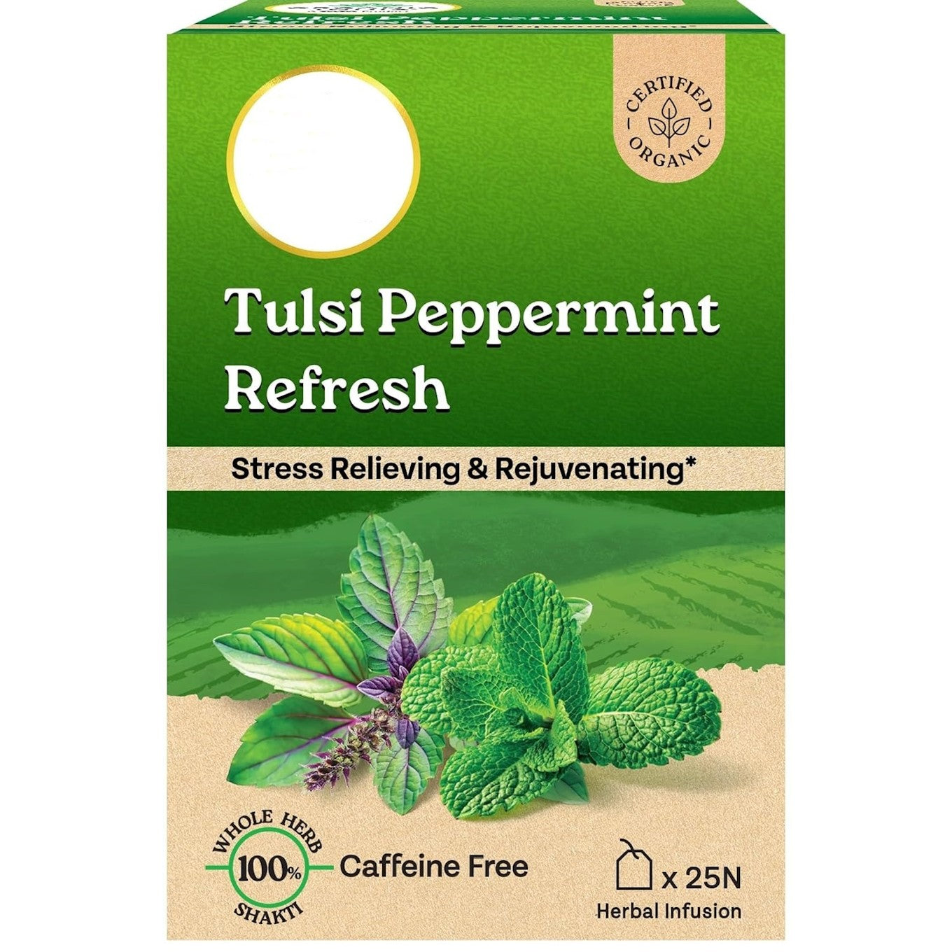 Box of Pear Vanilla Tulsi Peppermint Refresh Tea with 25 tea bags, featuring fresh peppermint and tulsi leaves for soothing brew.