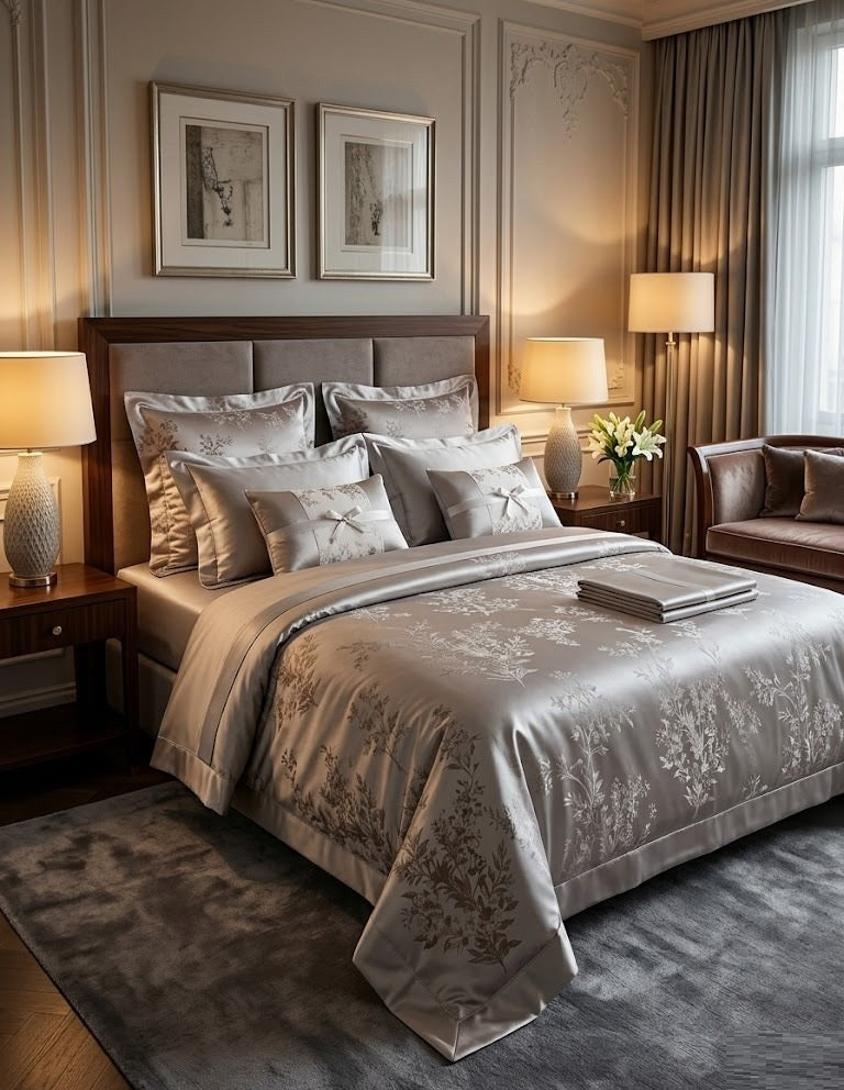 Elegant floral satin bedding set by Violet Achilles featuring a luxurious, intricately patterned design for a stylish bedroom.