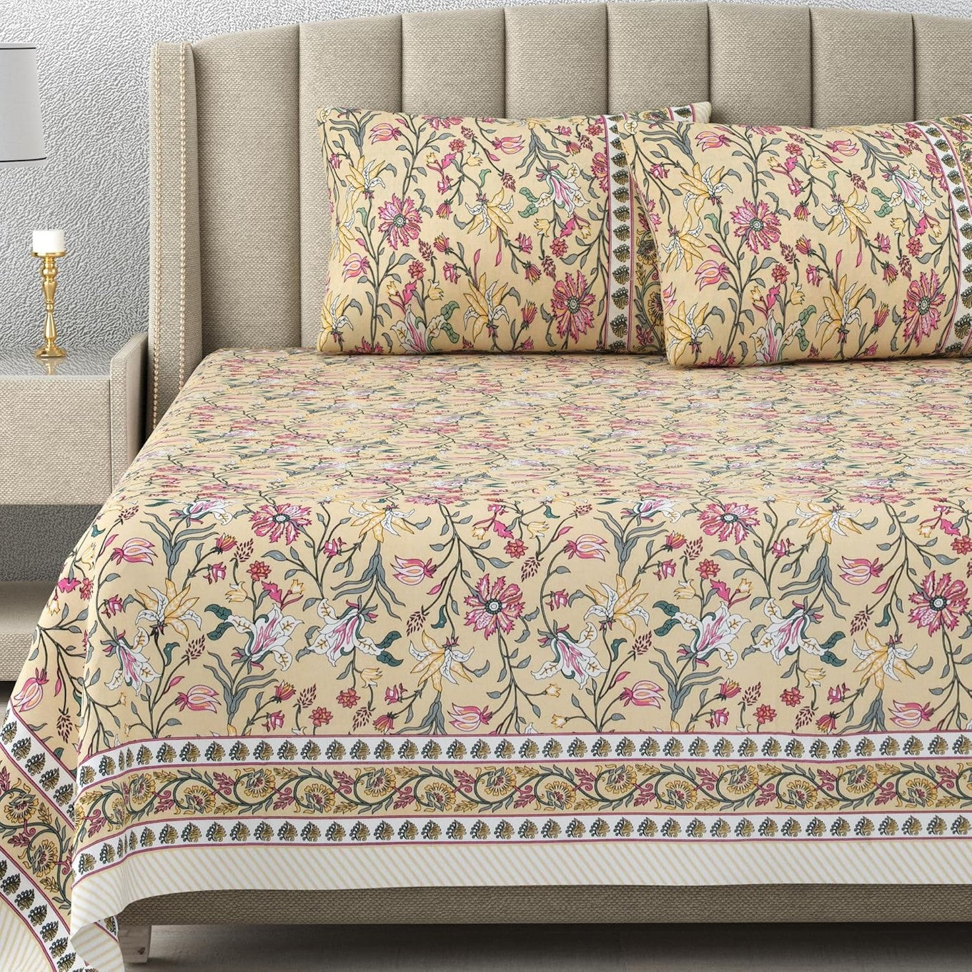 Cream cotton king bedsheet set with 300 thread count from Violet Achilles, showcasing smooth, soft fabric and elegant design.