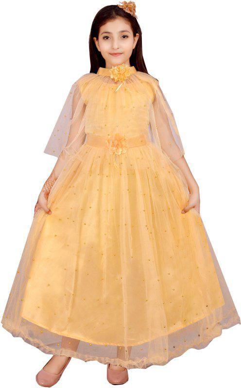 Girls full-length beige party net dress for ages 4-5 years, by Burgundy Nesoi, with intricate net fabric and elegant design.